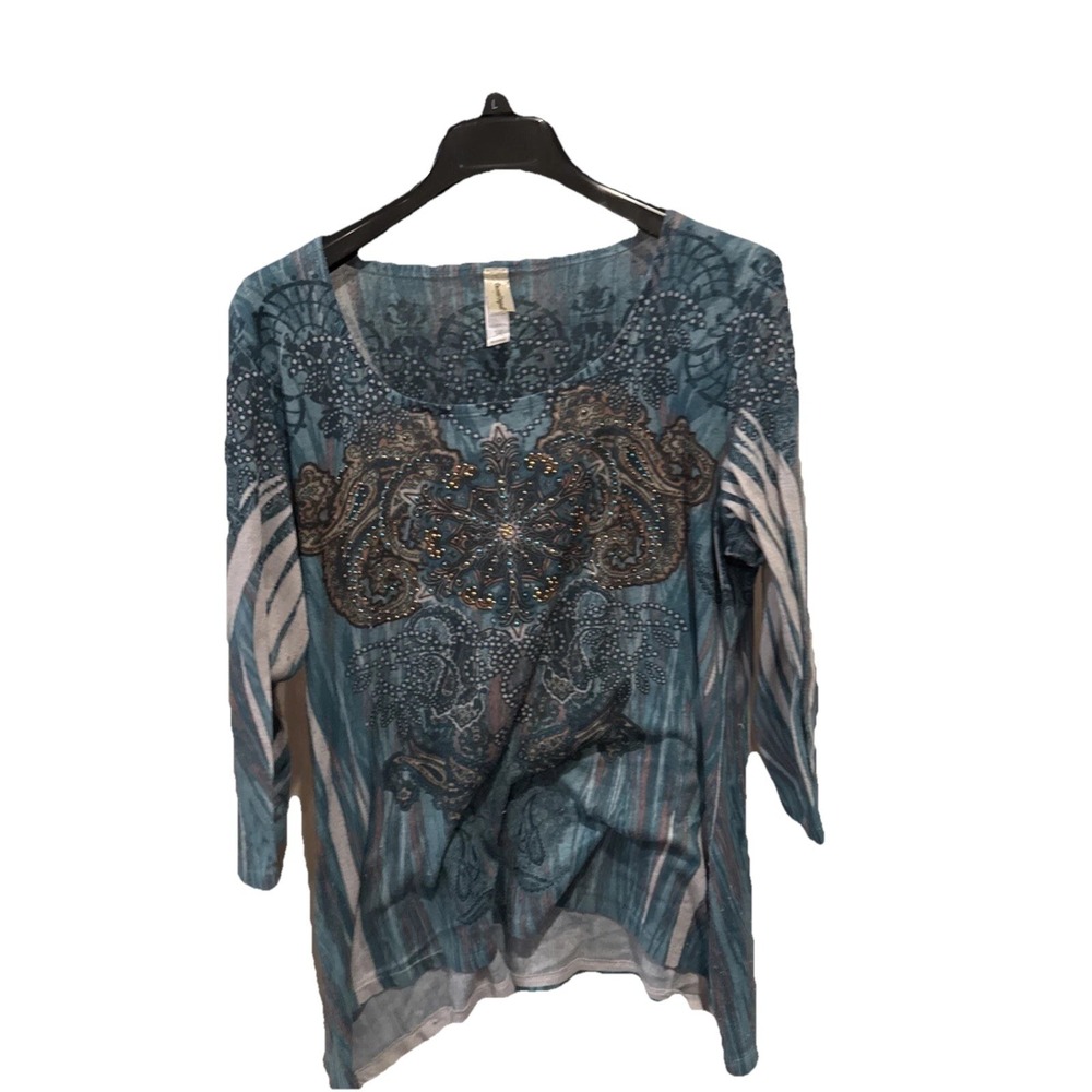 Women's Tunic Decorated Originals, Teal Boho Blouse, Bedazzled 3X
